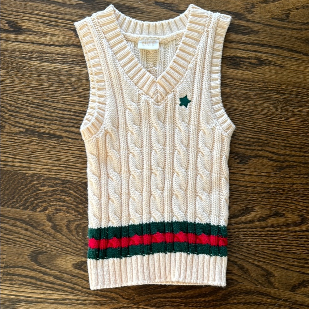 Cream Cable Knit Vest with Green and Red Stripes